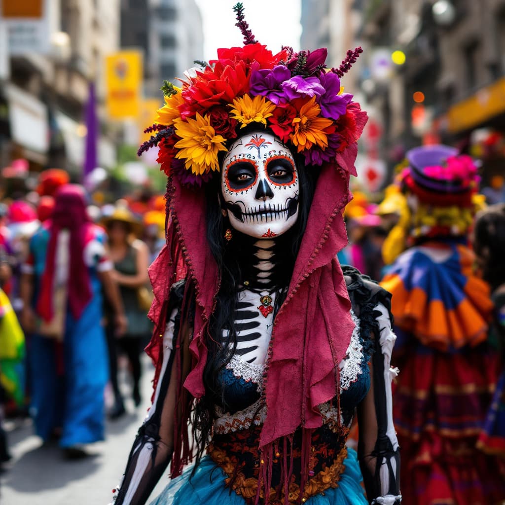 AI generated: zoom out to full body image
Dias de los Muertos Parade in Mexico City, high-resolution photography, ...