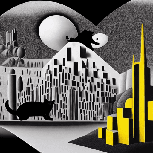 AI generated: 3d surreal landscape, black and white and primary colours inspired by Rene Magritte, a realistic ove...
