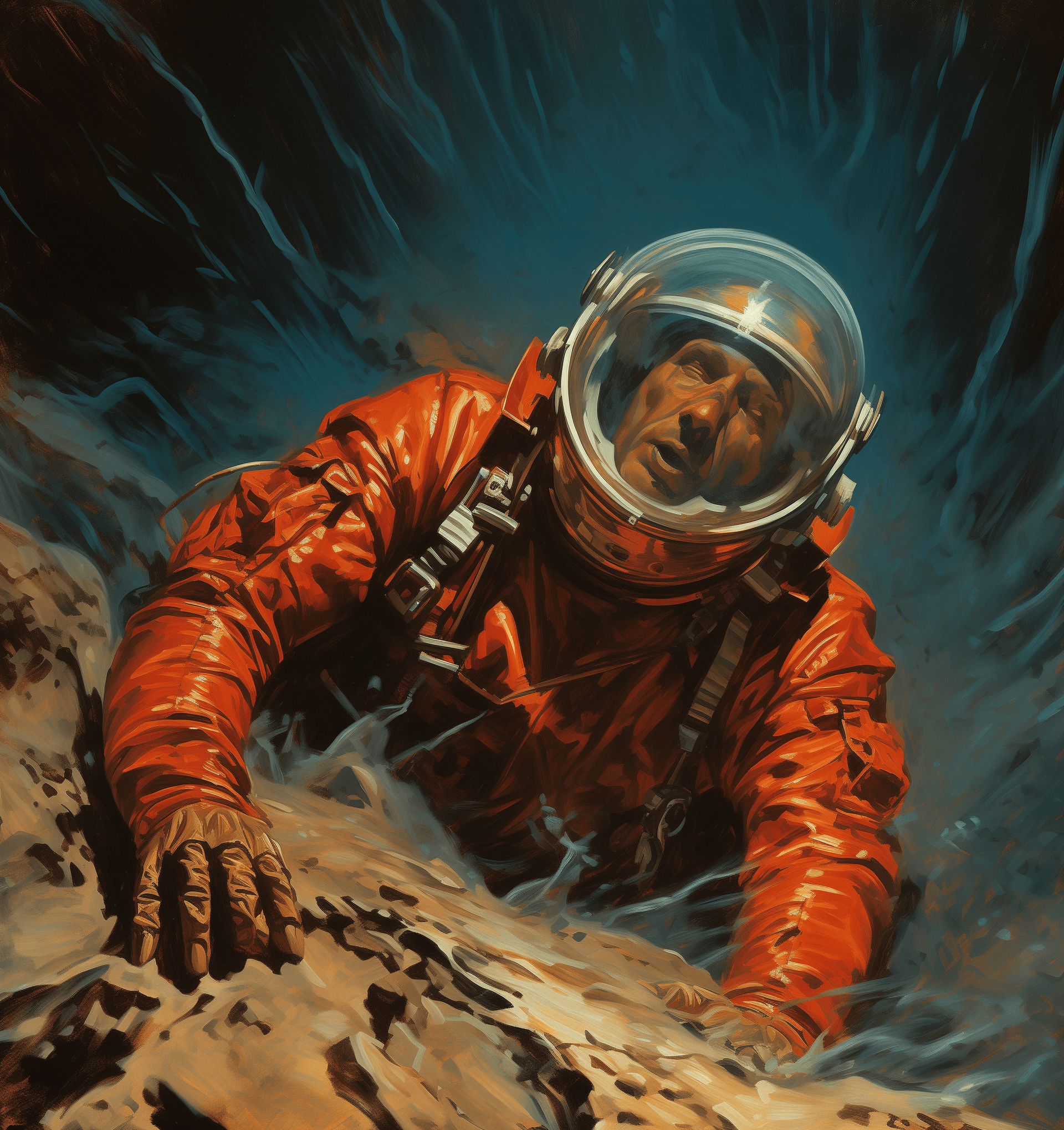 AI generated: a vintage sci-fi book cover illustration of an alien in space suit crawling on the ground, close up ...