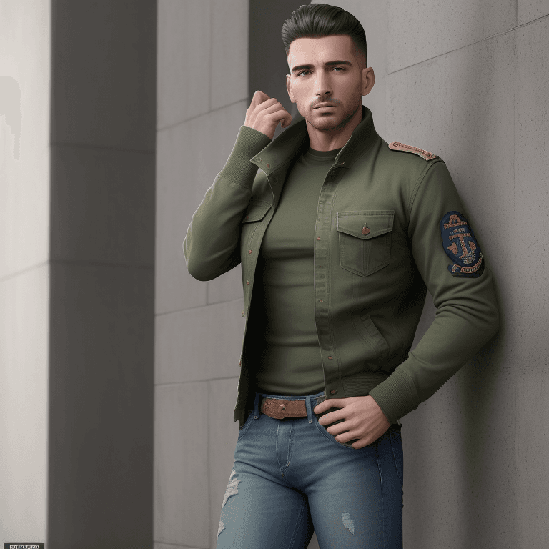 AI generated: Foto de cuerpo entero de un hombre atlético, vestido con una elegante chaqueta militar sobre una sim...