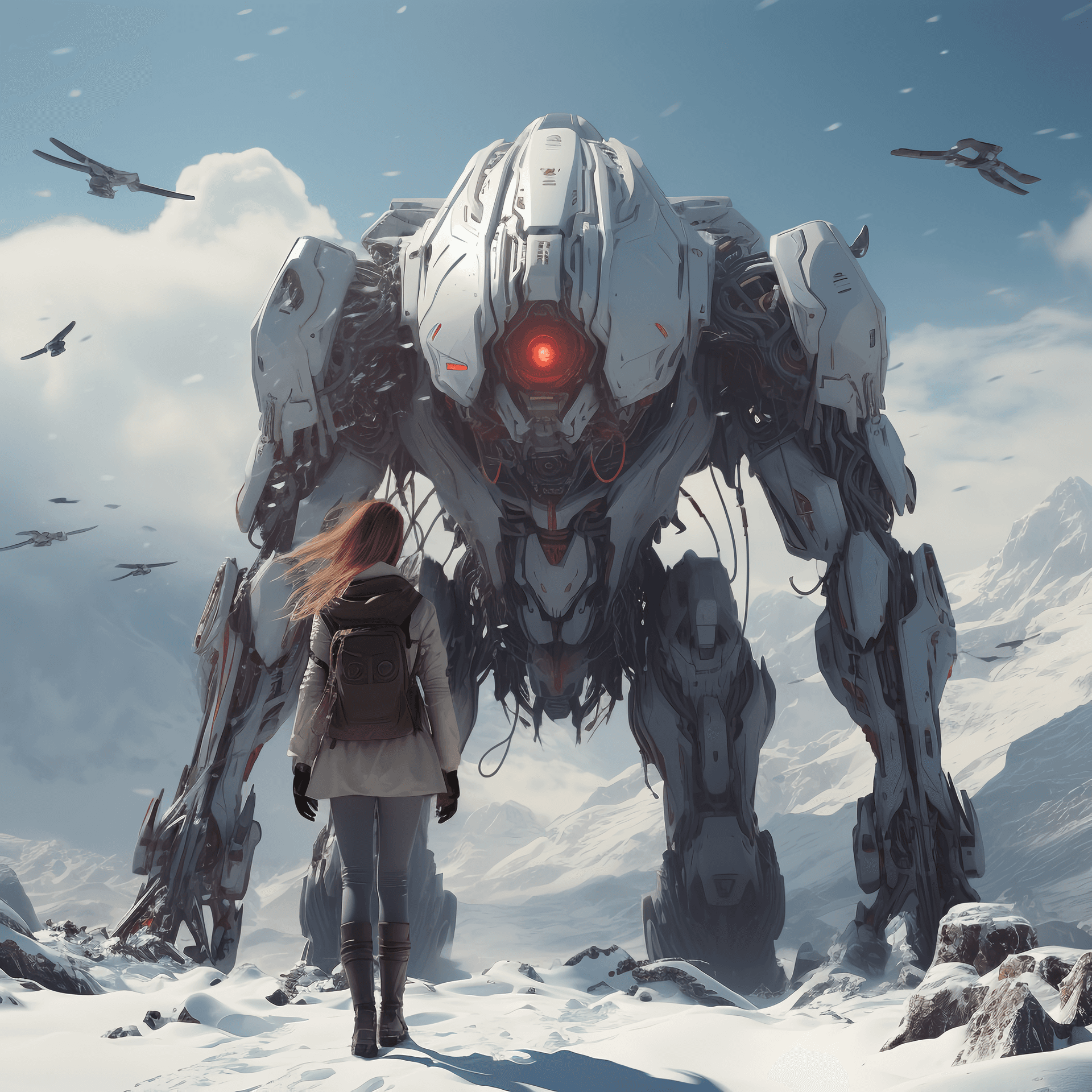 AI generated: a woman is standing next to a giant robot on a snowy mountain, in the style of realistic and hyper-d...