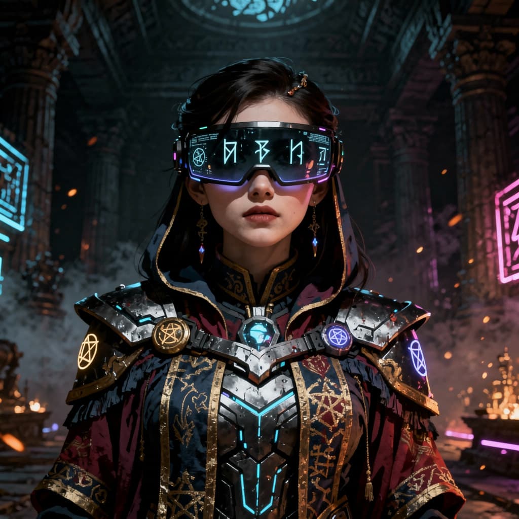 AI generated: saturated colorful art, dark fantasy portrait of future teller young woman,,rich details,8k,black ba...