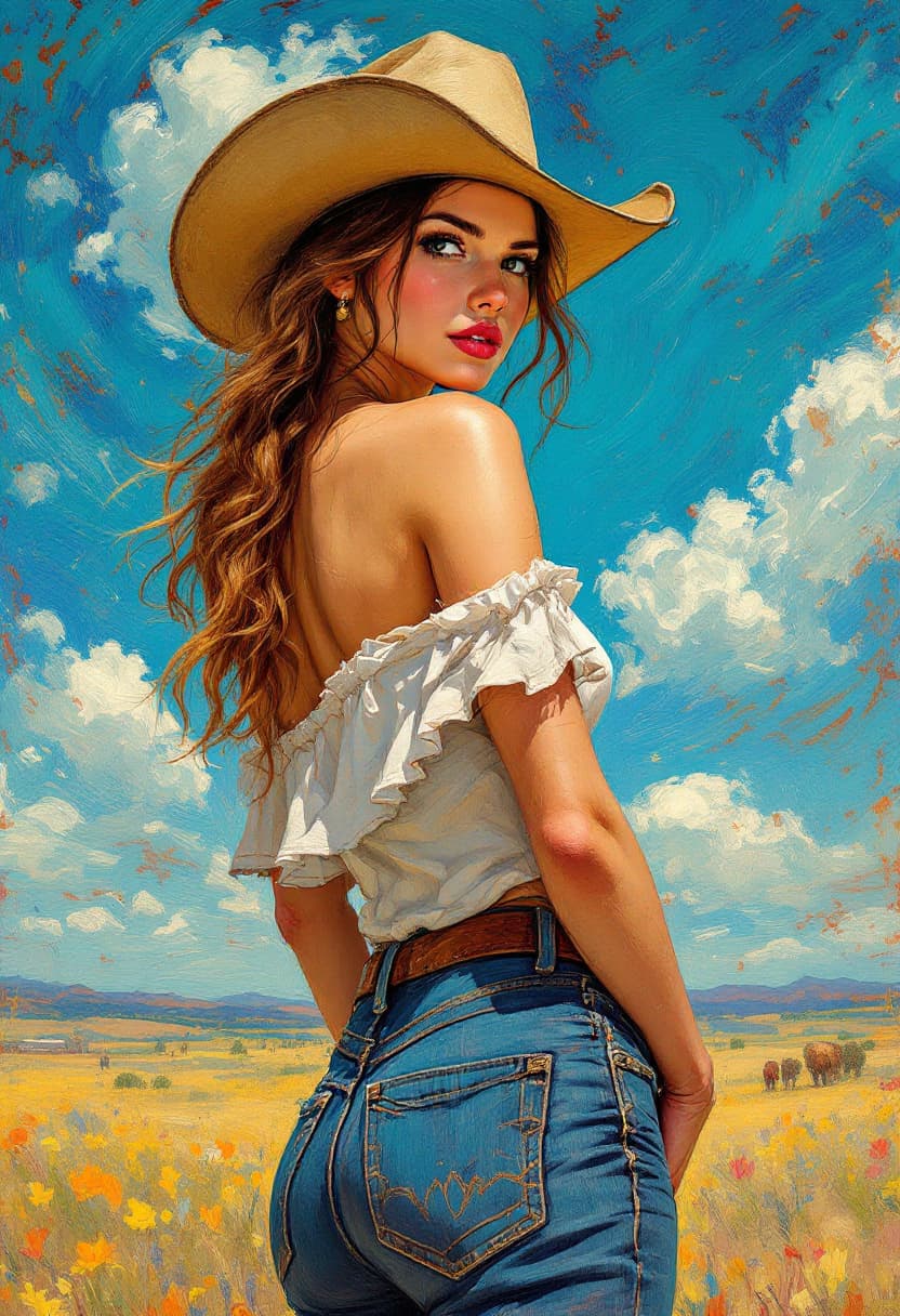 AI generated: Portrait of a cowgirl in jeans with an off shoulder, Art Nouveau, Neo-Impressionism, Charcoal illust...