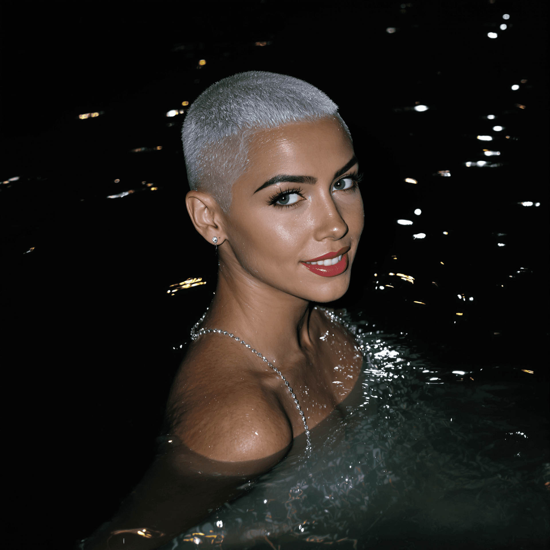 AI generated: A captivating, high-resolution night photograph of a graceful, young, and slender woman with a strik...