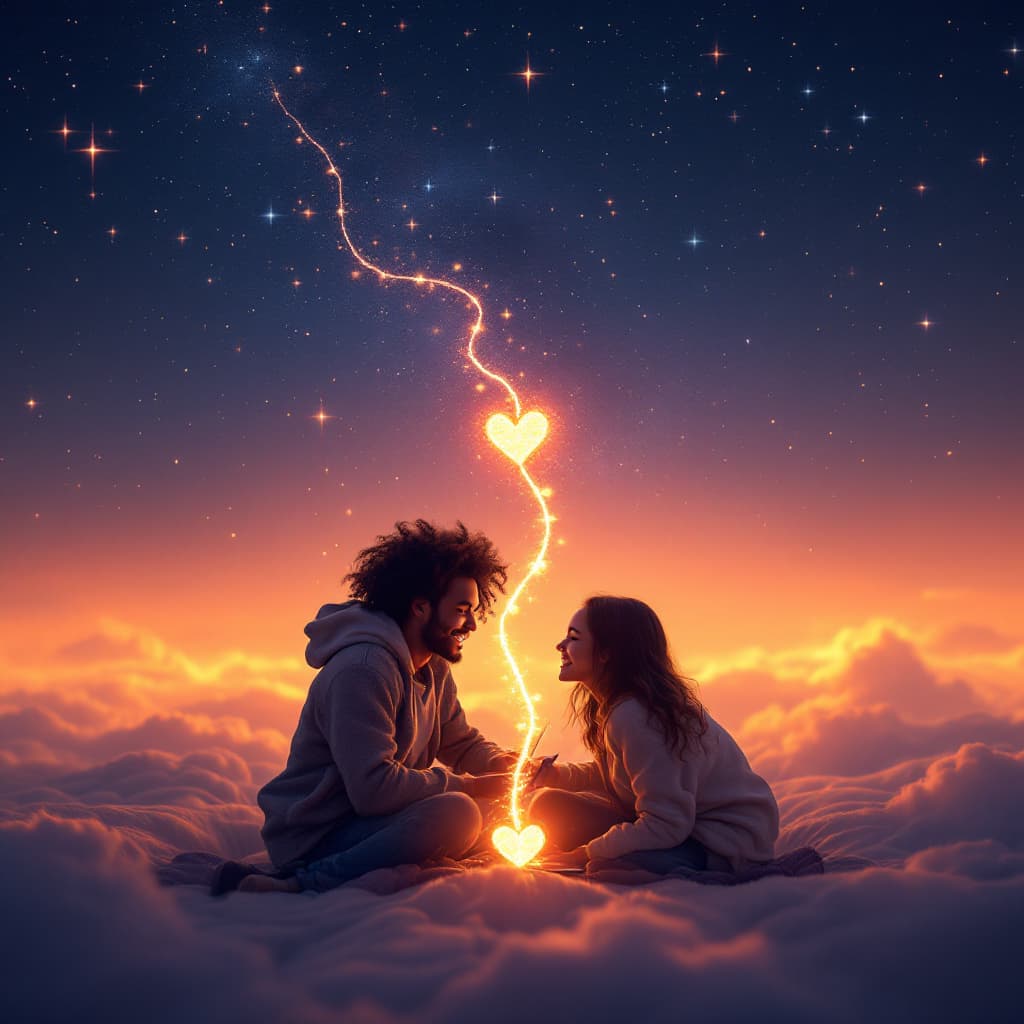 AI generated: Two lovers from different countries, connected through a glowing digital thread stretching between t...