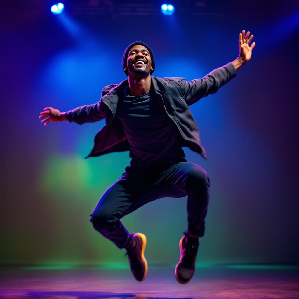 AI generated: A light-skinned Black dancer in dynamic motion, captured mid-leap against a studio background illumi...