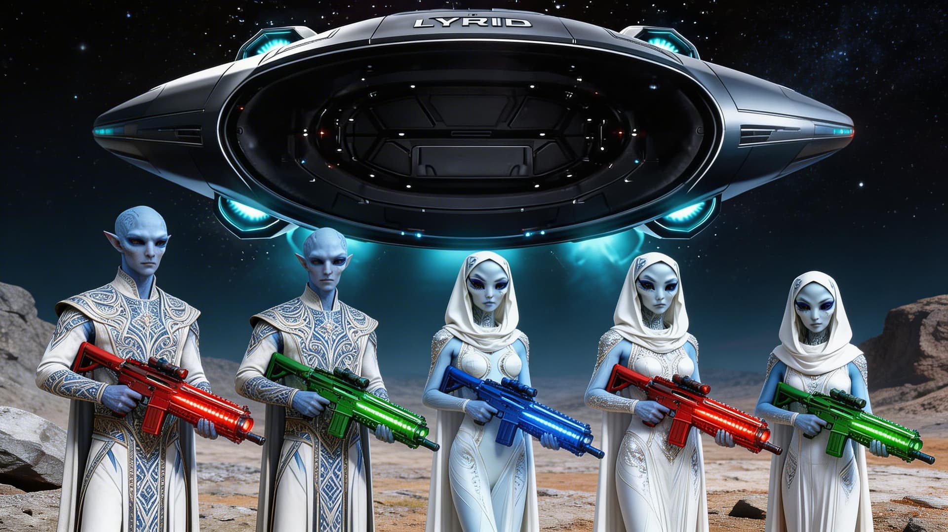 AI generated: Place 
Two male characters 
and 
Three female characters 

outside the craft. 

The two male charact...