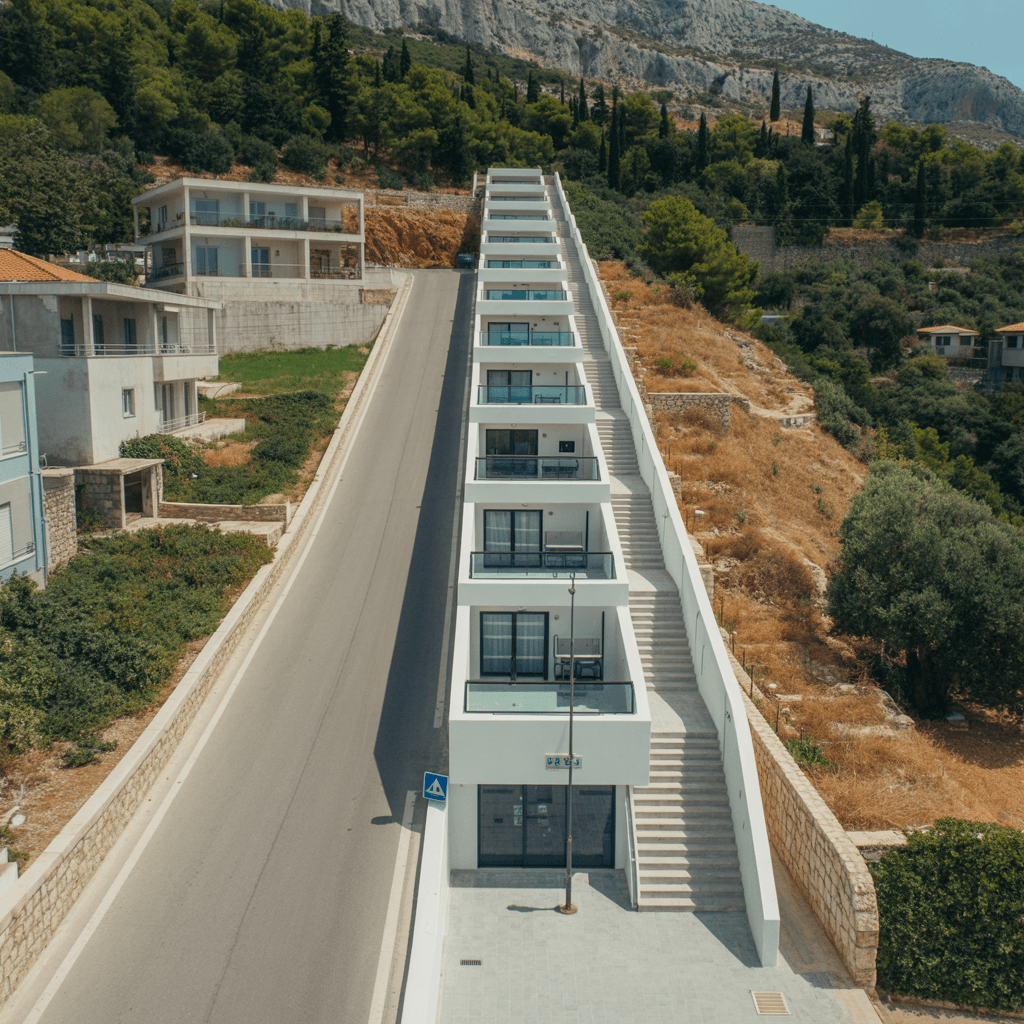 AI generated: A two floor hotel, semi underground, elongated towards the mountain and vertical relatively to the r...