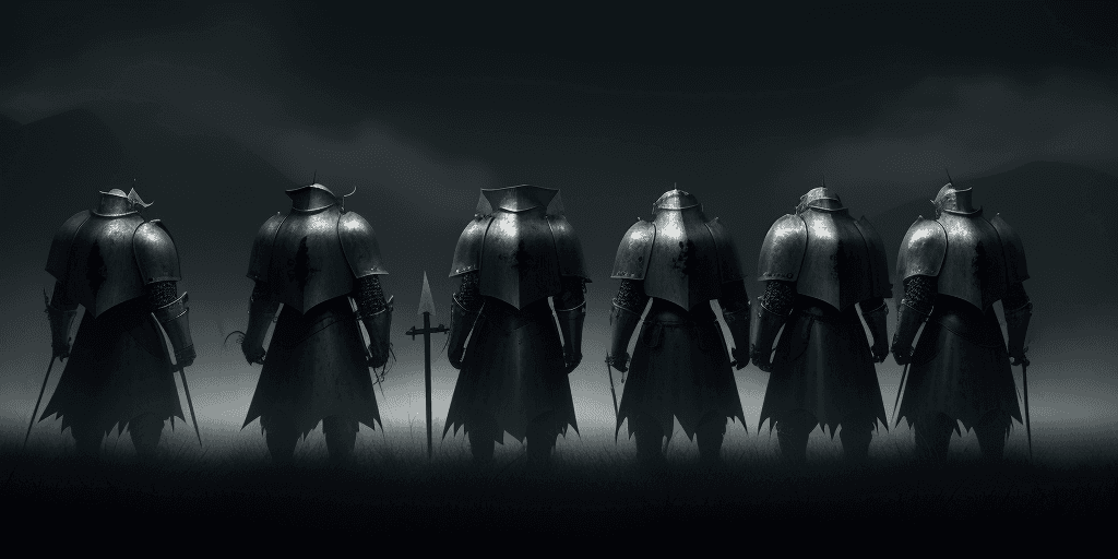 AI generated: distroyed ciy, scary, dead scary monsters, night, team of knights wairing shields looking to the sce...