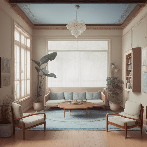 AI generated: High resolution photography interior design, dreamy sunken living room conversation pit, wooden floo...