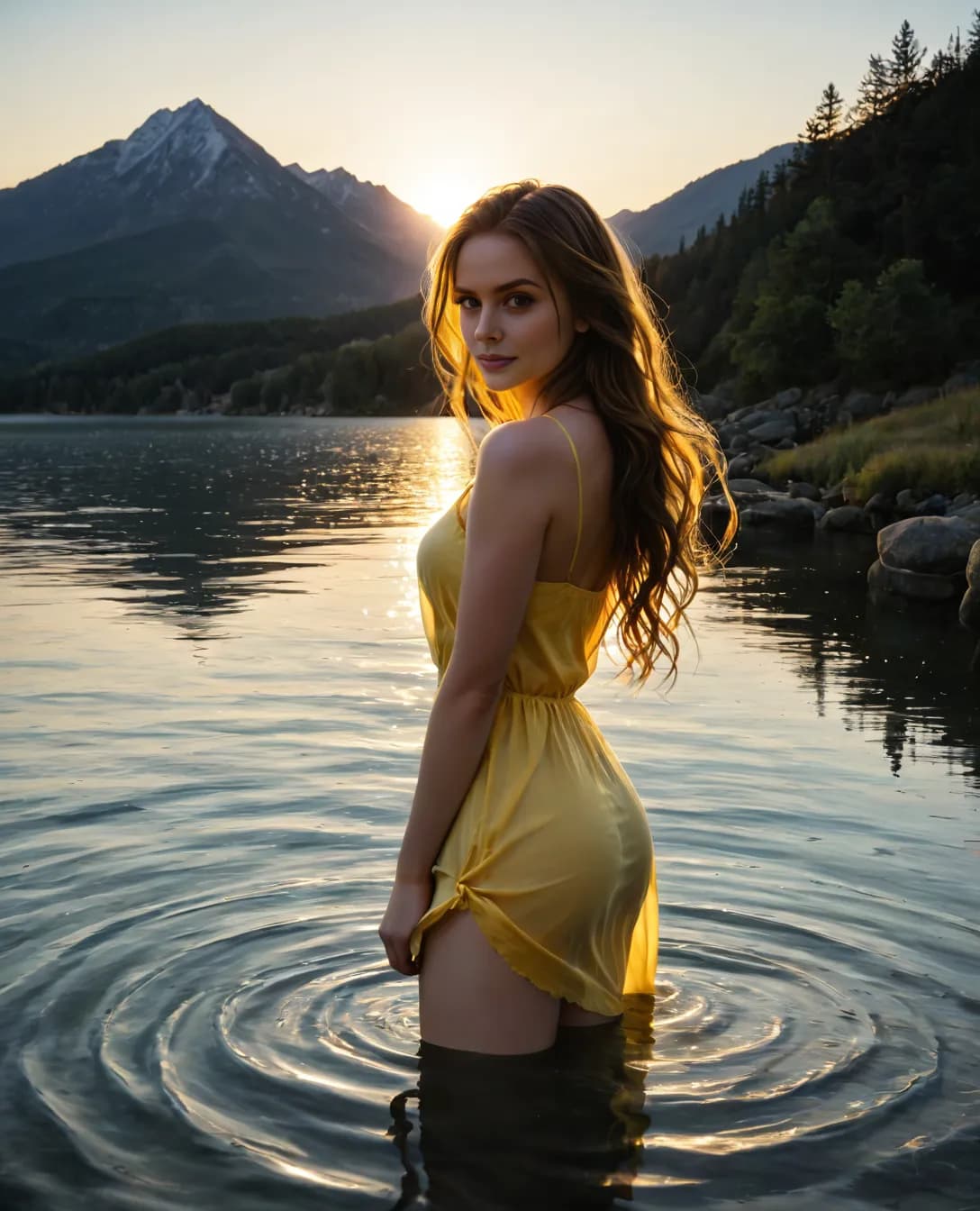 AI generated: (((NSFW))) A woman with long, flowing hair, slightly wavy, reaching her waist. Her skin has a soft, ...