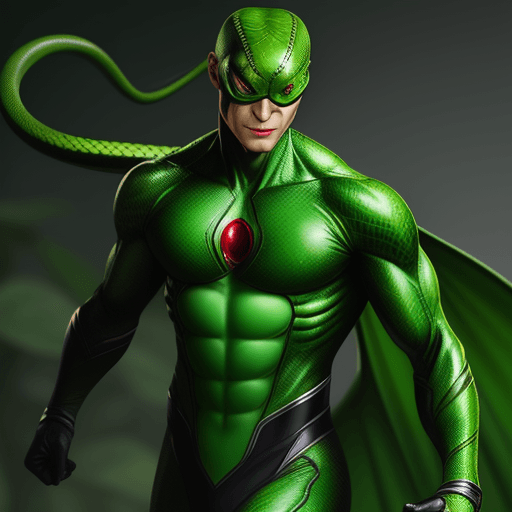 AI generated: male green snake superhero with red eyes