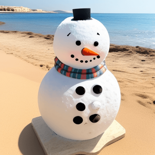 AI generated: Snowman stands on the beach in Cyprus, with a dumbbell in one hand and a cute puppy in another one. 