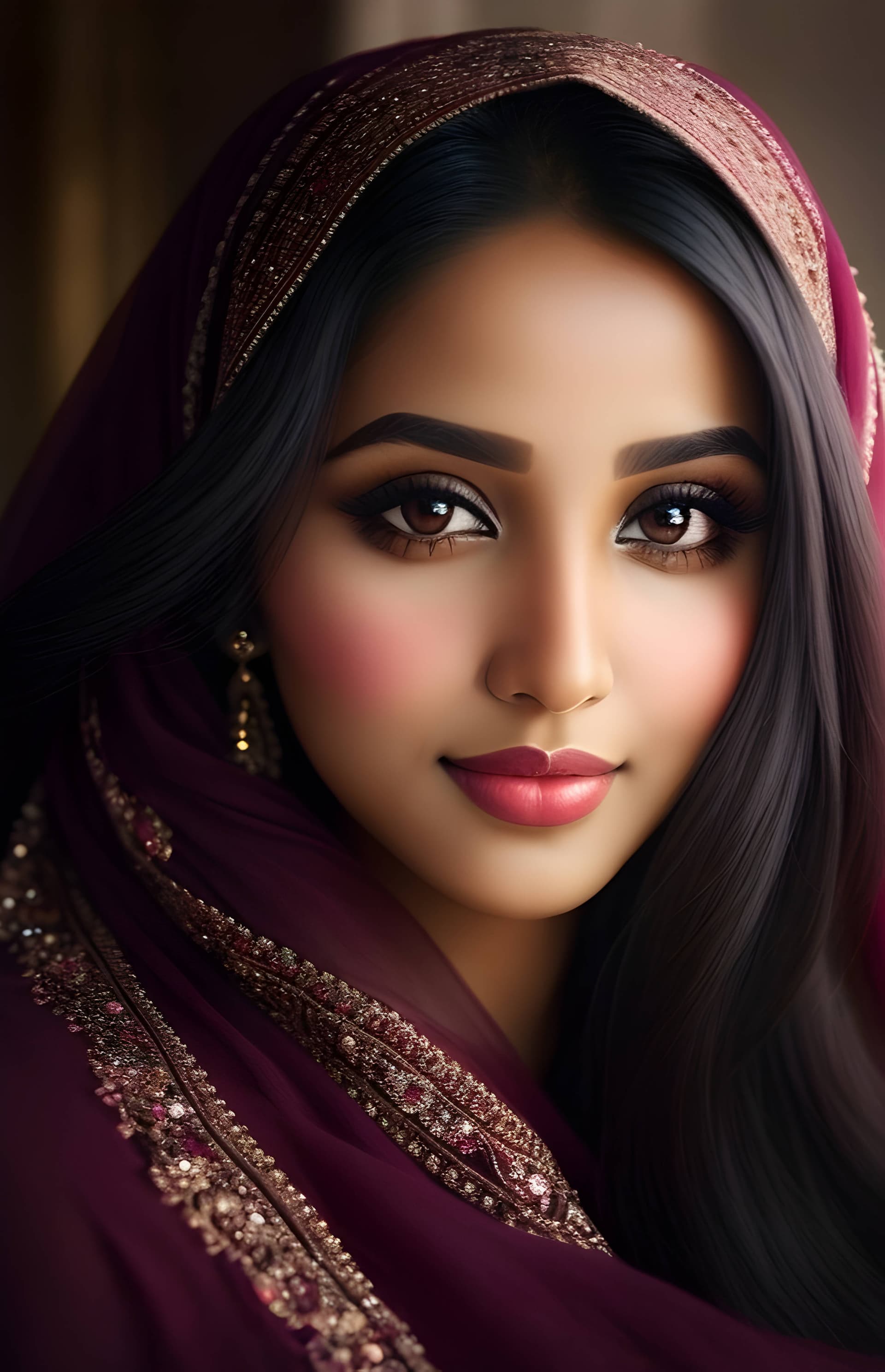 AI generated: An enchanting portrait of a radiant Arabian Muslim girl, her eyes sparkling with mystery and her lip...