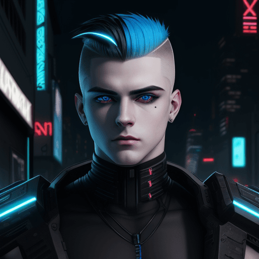 AI generated: beautiful pale cyberpunk male with heavy black eyeliner, blue eyes, shaved side haircut, hyper detai...