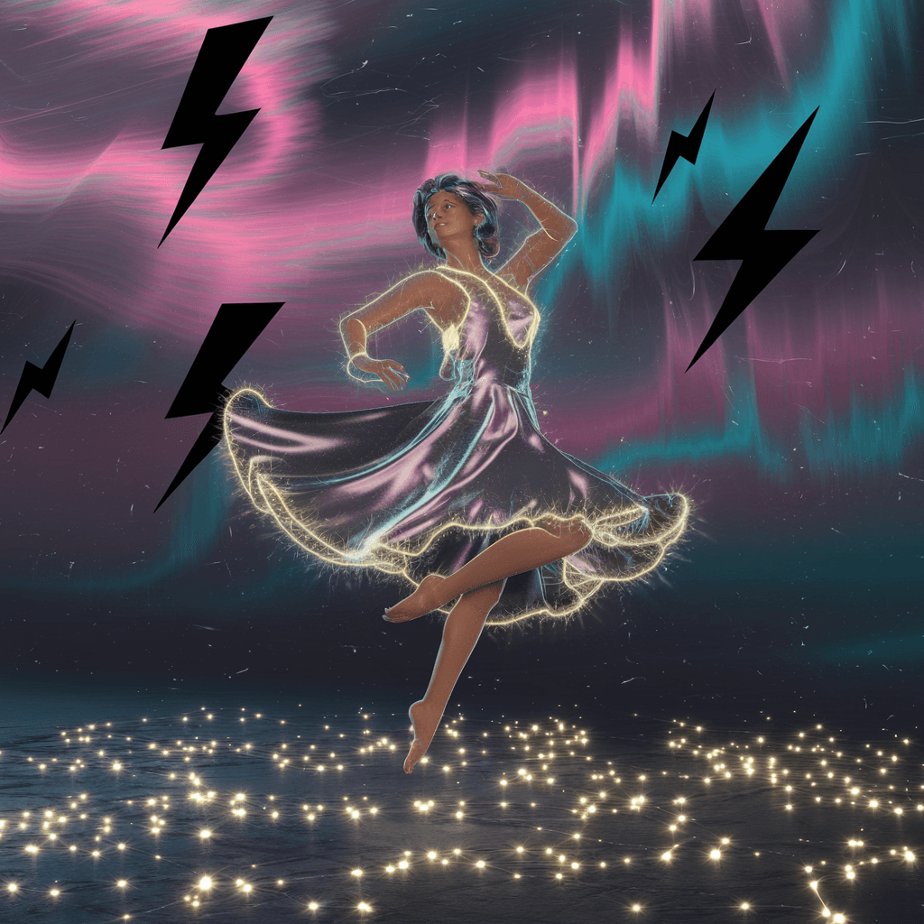 AI generated: chasing lightning shadows while dancing underneath neon aurora skies, light and radiant with glowing...