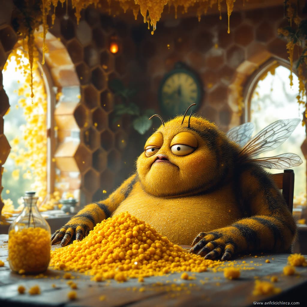 AI generated: Create surreal, fantasy style image of an anthropomorphic bee inside a honeycomb house. The bee is o...