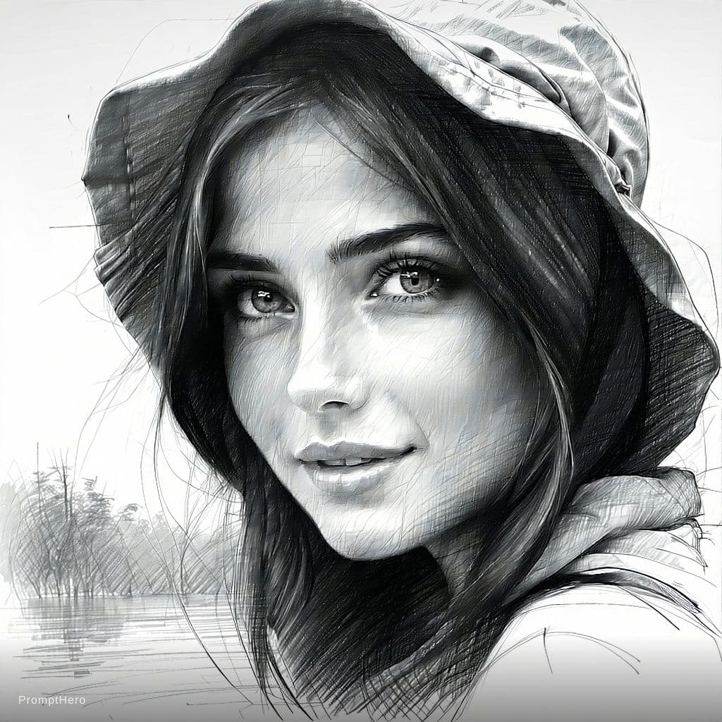 AI generated: portrait of a girl, landscape, graphics, pencil drawings, in the style of (Dirk Dzimirski. Linda Hab...