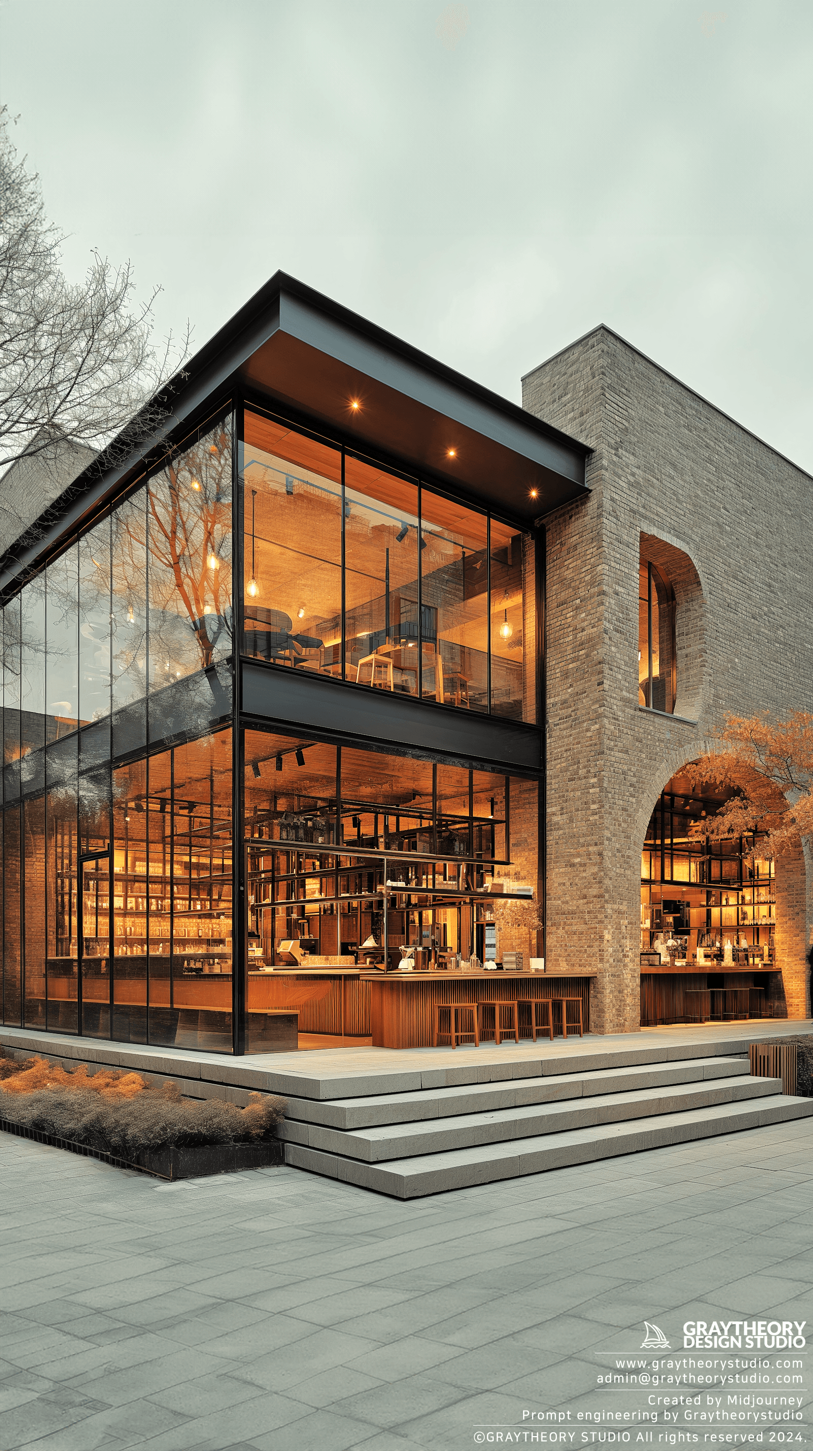 AI generated: Design a modern and minimalist cafe facade, focusing on the juxtaposition of weathered bricks and ex...