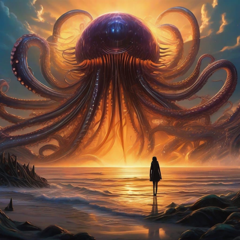 AI generated: realistic high quality photo of huge alien ferrofluid sea monster, tentacles, at the beach, people f...