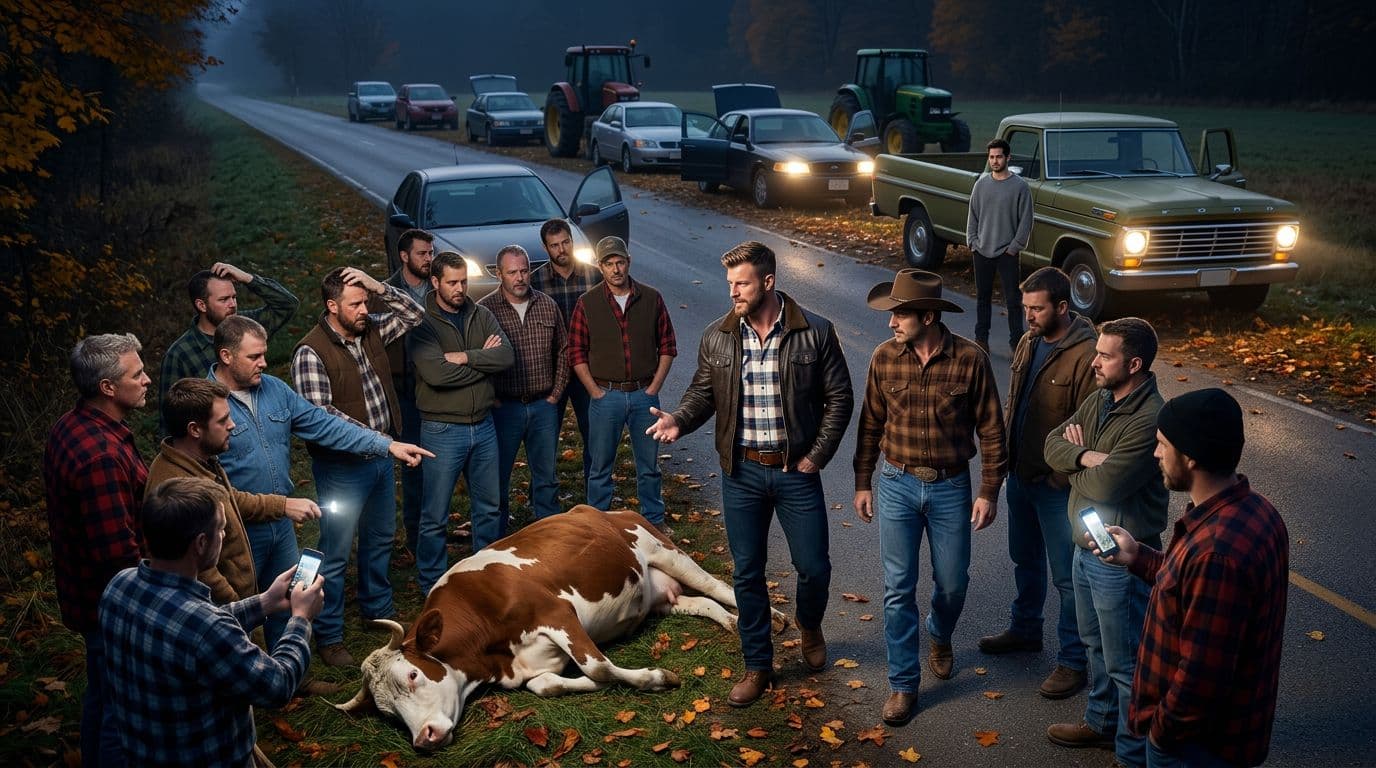AI generated: In an Autumn night. The vintage olive green Ford pick up truck is parked between the other cars. All...