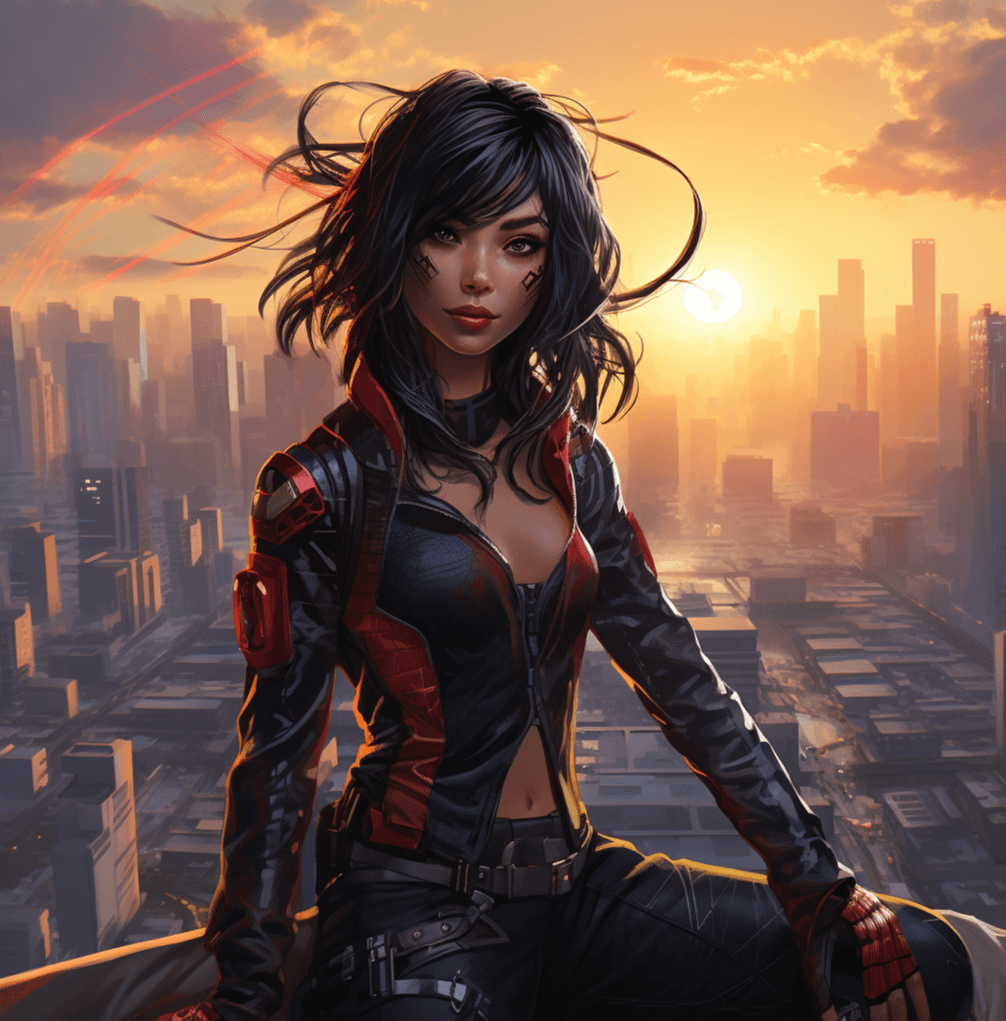 AI generated: asian spider-girl in a cyberpunk world on a rooftop with an amazing city landscape behind her