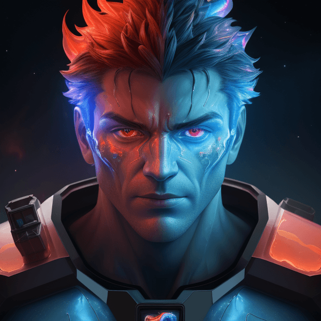 AI generated: a single muscular man made of Fire and melting ice in space, detailed face, narrow nose, neon, plasm...
