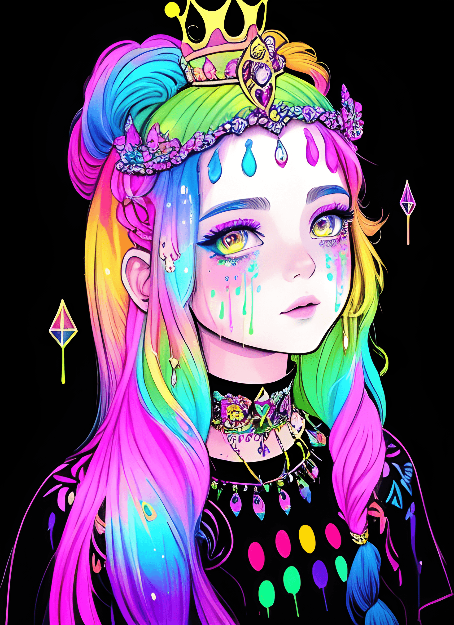 AI generated: a drawing of a girl with long hair and a crown on her head, dripping in neon paint, psychedelic aest...