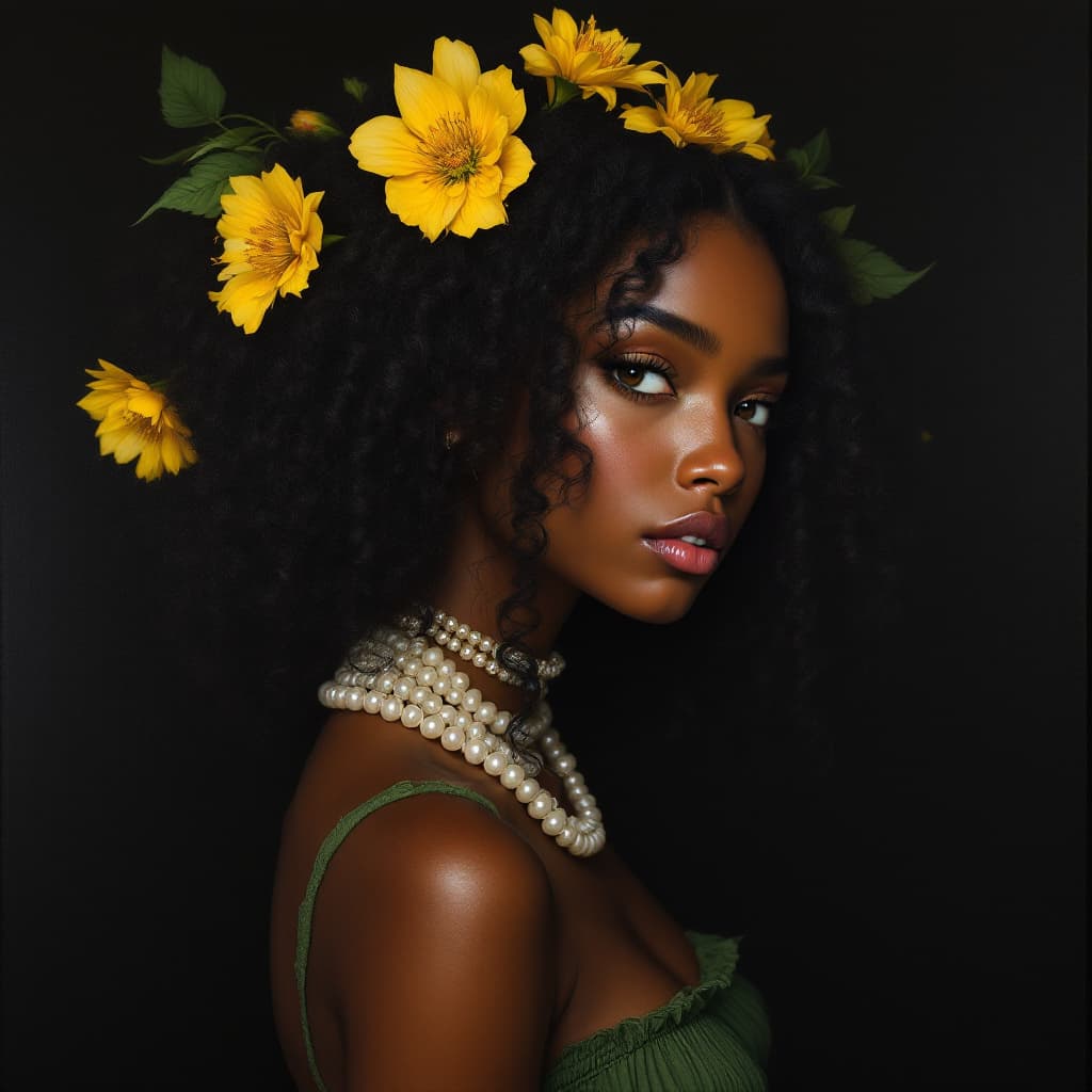 AI generated: glossy oil painted art performance waist-up image from profile of hyper realistic fantasy mulatto 17...