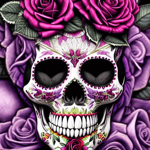 AI generated: Sugar Skull King of Hell :: floral Skull, Intricately Designed roses accents, Photograph Taken on Ni...