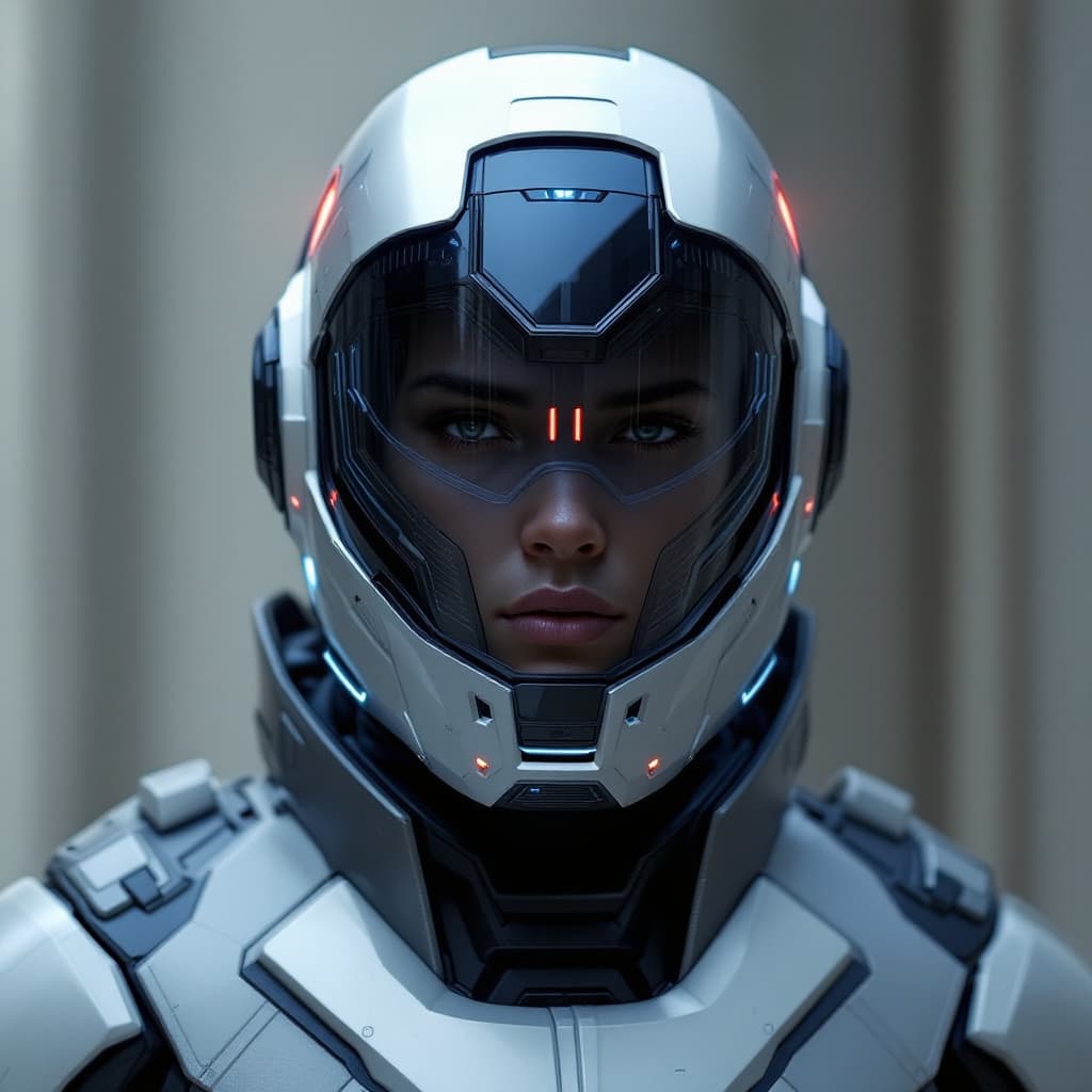 AI generated: visualize a character wearing a modern combat suit and a futuristic helmet with integrated digital d...