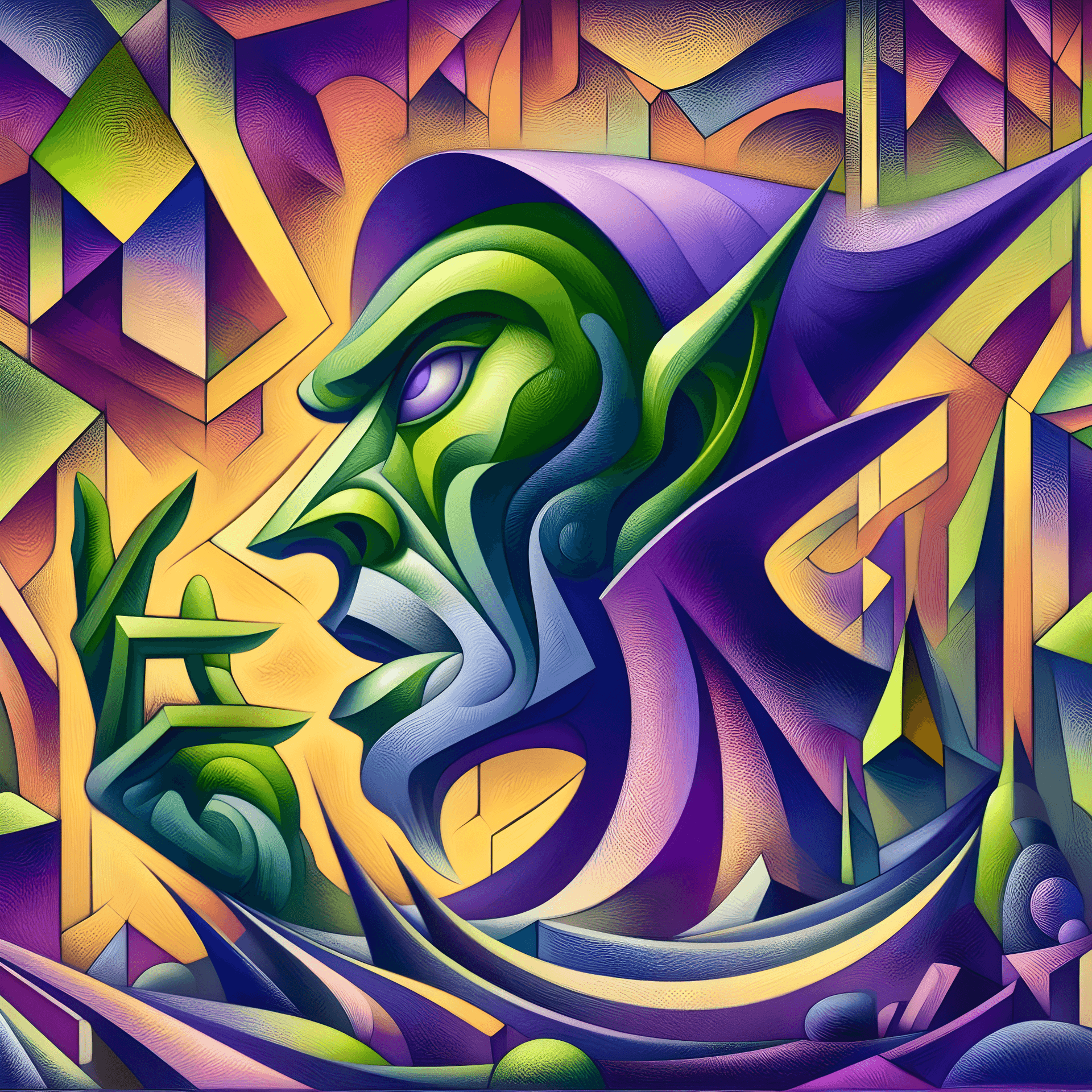 AI generated: Digital surrealist portrait of Hobgoblin emerging from a fantastical cubist landscape. Rendered in H...