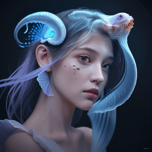 AI generated: Goddess close-up portrait ribcagel. jellyfish phoenix head, nautilus, orchid, skull, betta fish, bio...