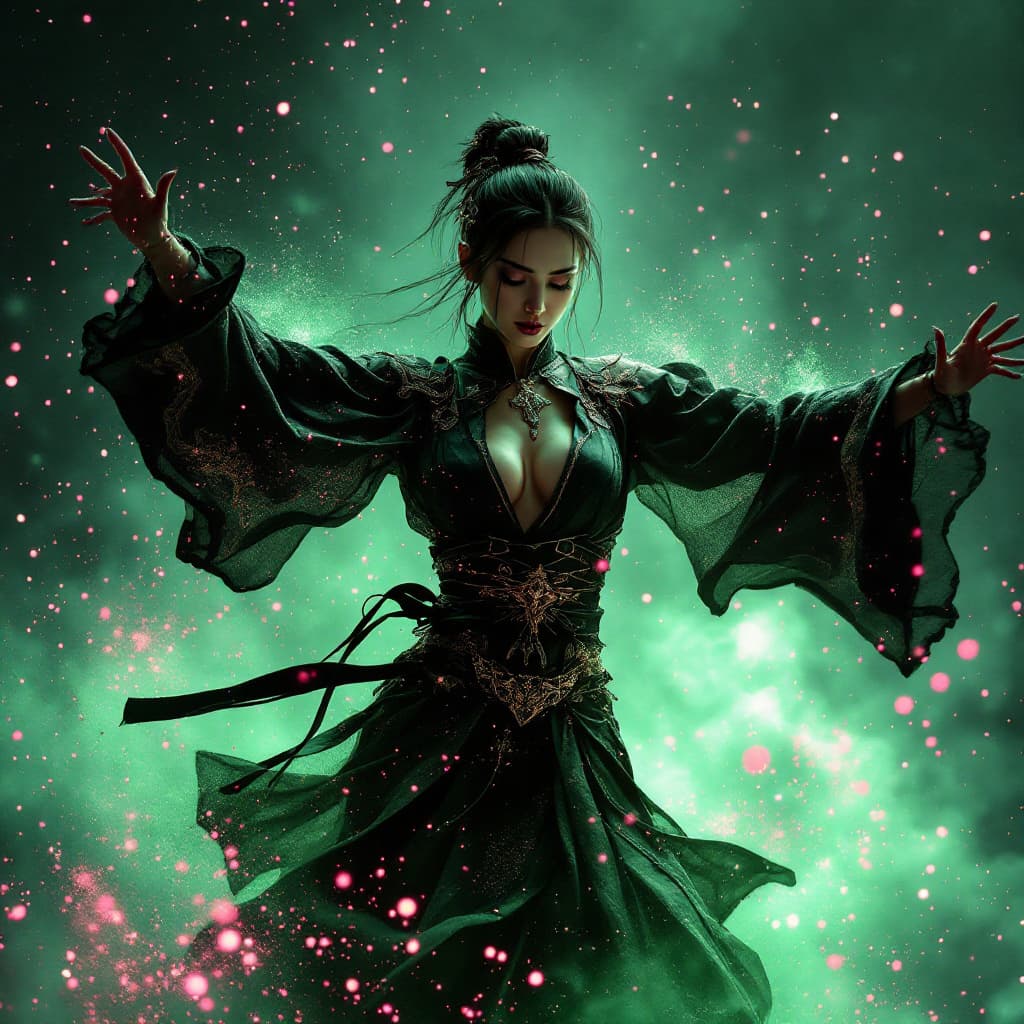 AI generated: Uma graciosa mulher samurai dança, seus movimentos criando uma explosão deslumbrante de cores e bril...