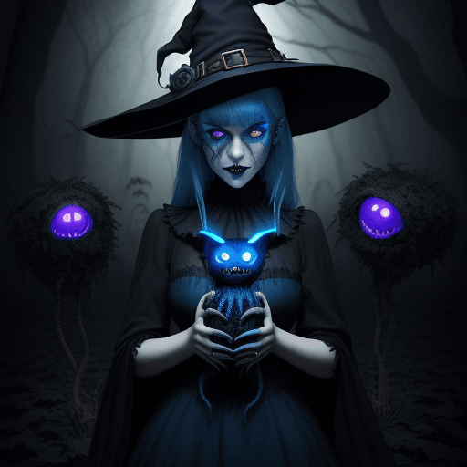 AI generated: A cute witch blue glowing eyes  holding a monsterous,  carnivore plant with sharp teeth and one eye ...