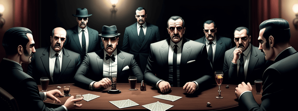 AI generated: real person, table,mafia game,talking,one woman,8 man , god
father
