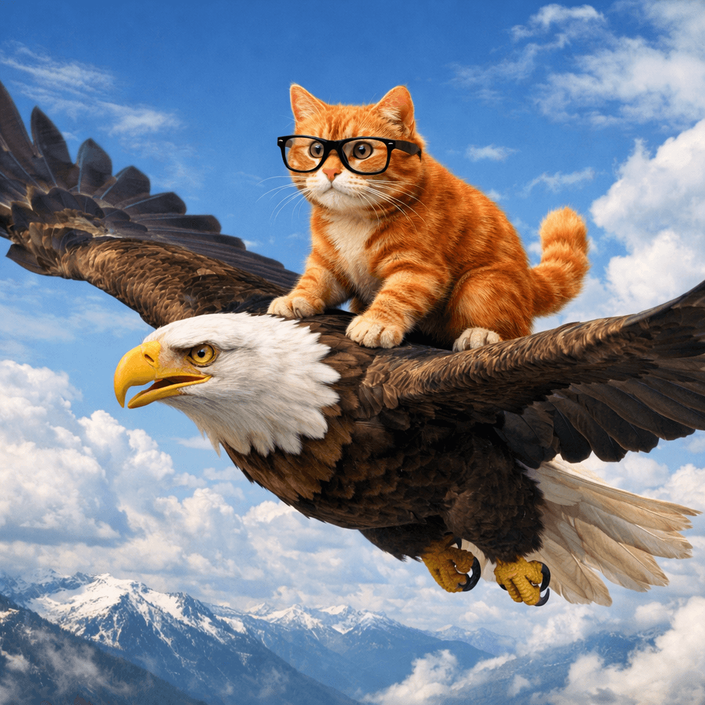 AI generated: 
A red cat with black glasses is flying on a huge eagle