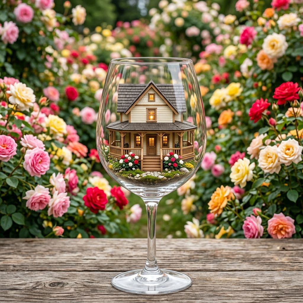 AI generated: Centered image of a 2-story house inside of a stem clear glass with a rap-a-round porch with roses o...