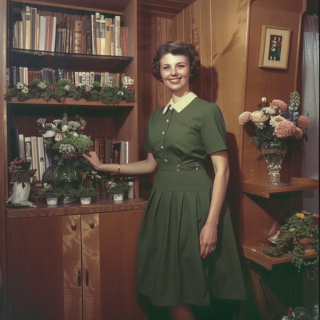 AI generated: vintage color photo of a woman in her early thirties wearing an olive green dress with short sleeves...