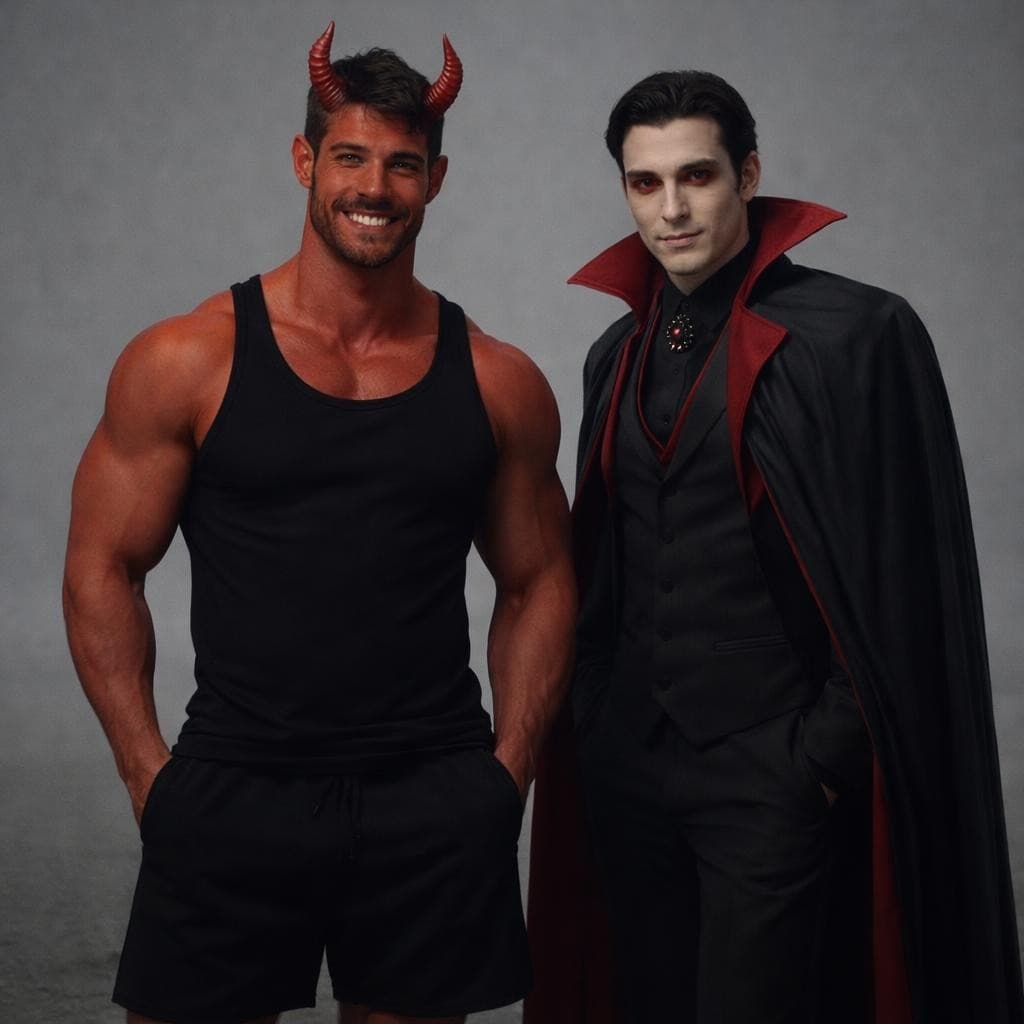 AI generated: make this man into a devil wearing no shirt and black short shorts smiling with vampire standing in ...