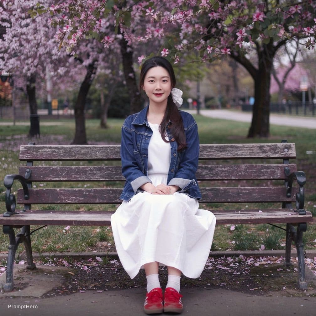 AI generated: A girl sitting on a park bench under cherry blossom trees, legs naturally apart, looking down at the...