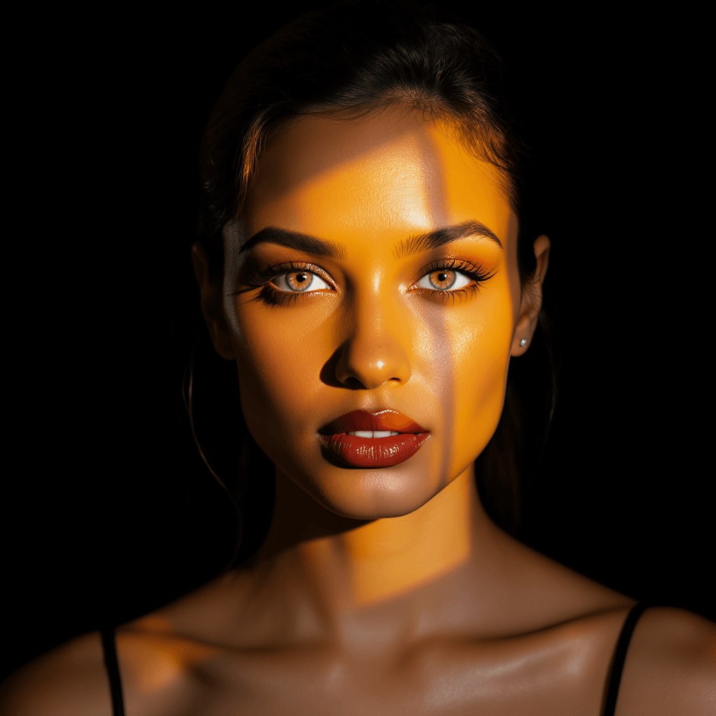 AI generated: editorial photography, front shot, upper-body, 24 years old latina female model, gaze, capturing a b...
