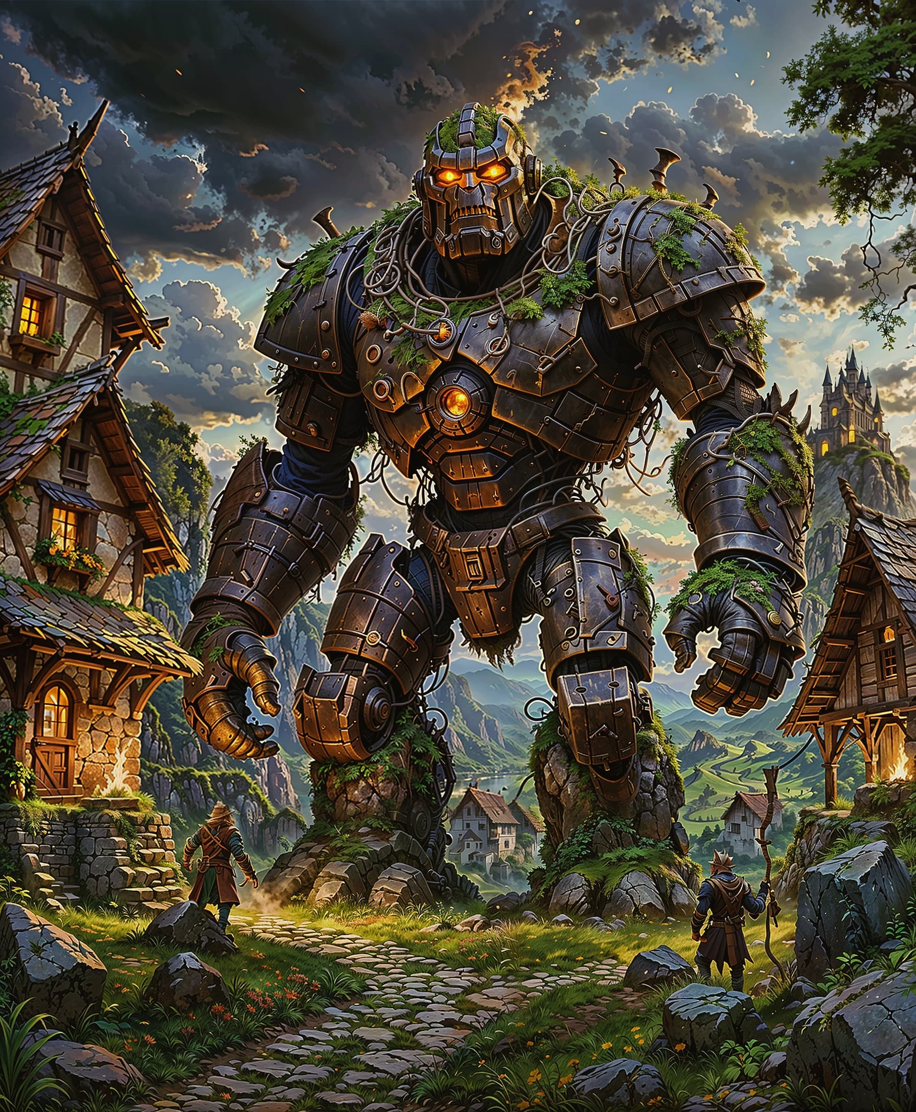 AI generated: An ancient stone golem towers over a small village, its cracked surface covered in moss and tangled ...