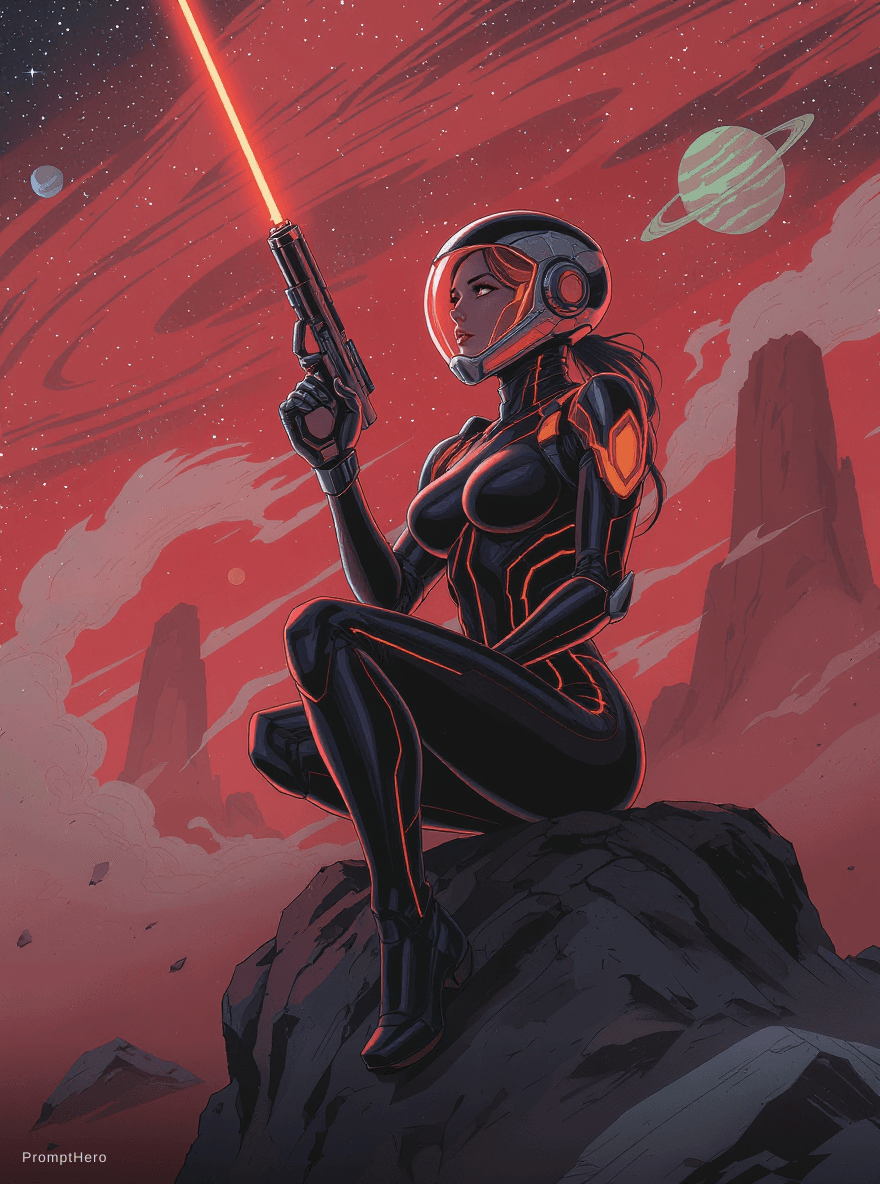 AI generated: Flat colour modern comic style image showing a woman in a skintight simple black scifi nanosuit armo...