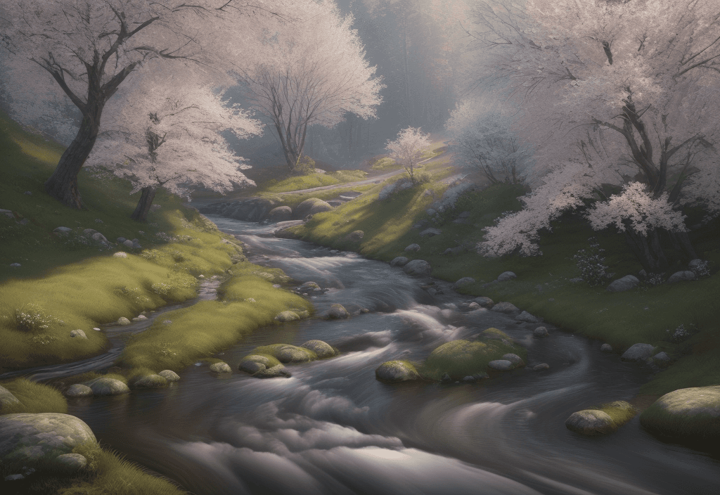 AI generated: photorealistic oil on canvas, 
small hills, flowing river, trees,
beautiful setting, spring,
Foregro...