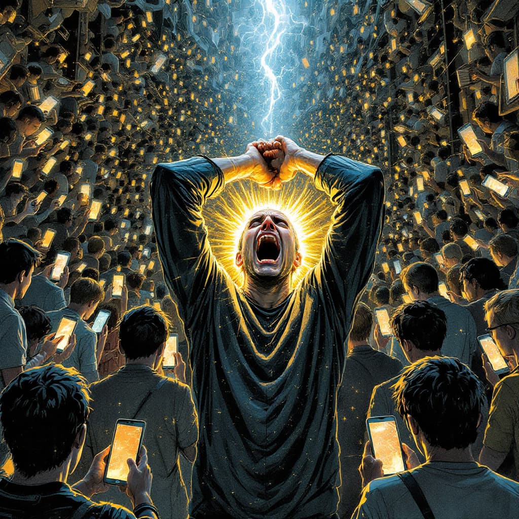 AI generated: A man in the middle of a crowd of people on their smartphones. The man is holding his head screaming...