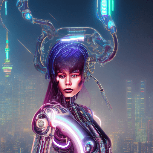 AI generated: A female cyborg demon, neon, tokyo skyline, bokeh, | centered| intricate| highly detailed| breathtak...