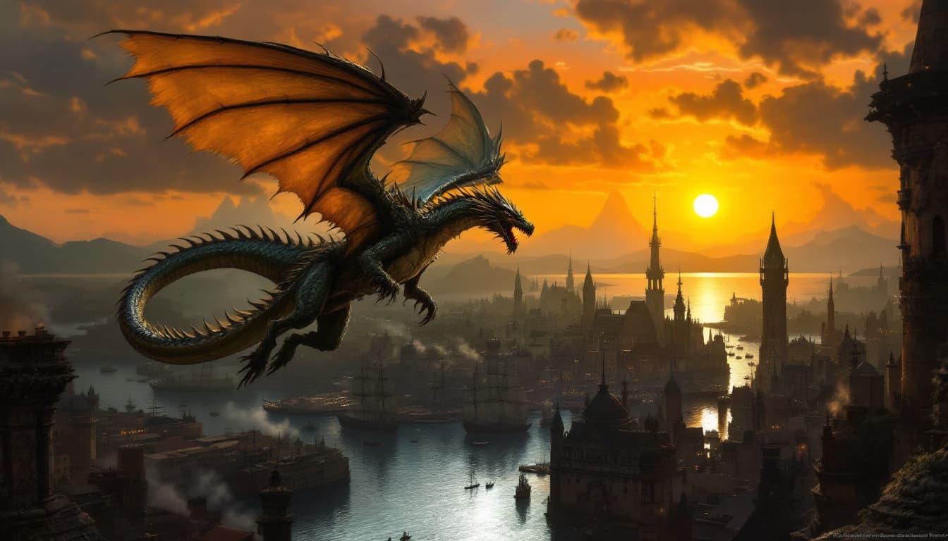 AI generated: a fantastical scene of a dragon flying over a city on the water, with a fiery sky and a large body o...
