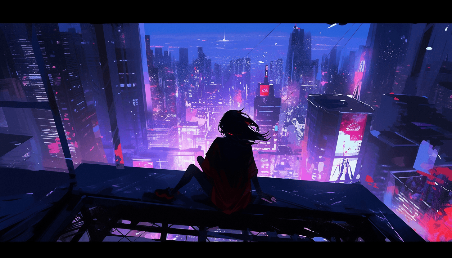 AI generated: painterly anime inspired, painterly anime art style, young woman, overlooking a city, sitting atop a...