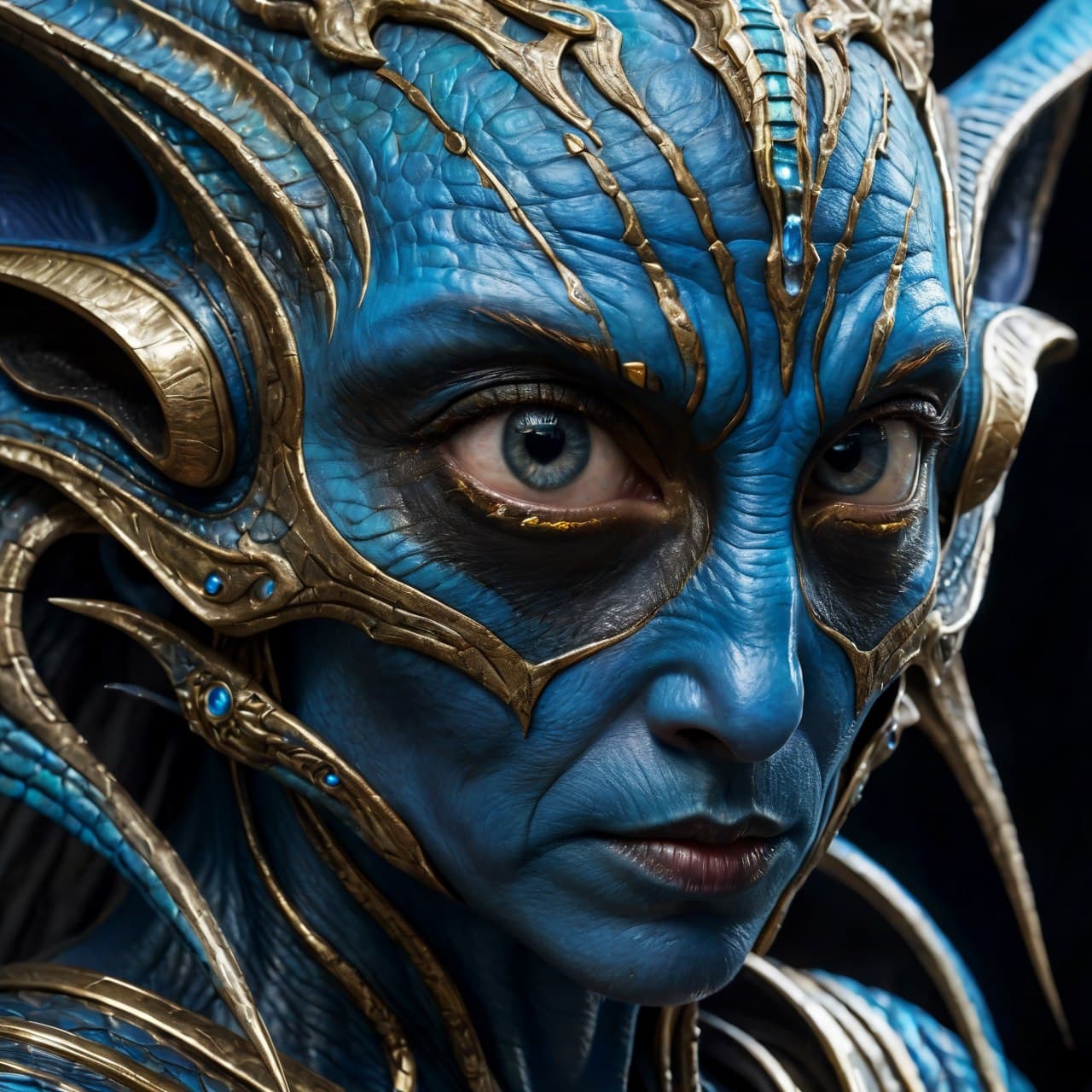 AI generated: blue alien with one big eye and big ears, crazy colors, portrait, centered, detailed character, extr...